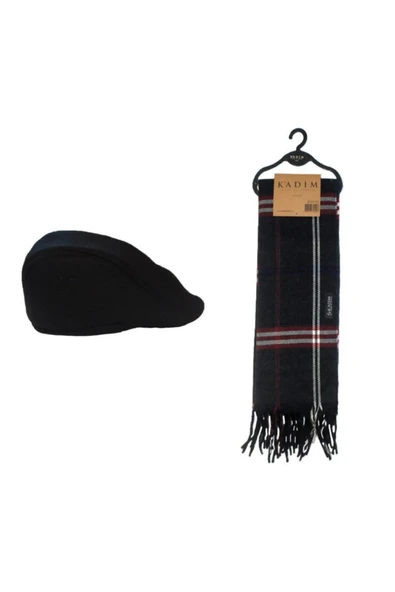 Kadim Siyah Gri Çizgili Kırçıllı Erkek Atkı Ve Kasket Seti Hediyelik ürün görseli