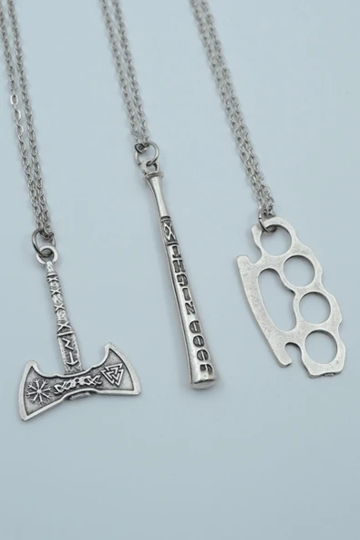 3'lü Çift Taraflı Viking Balta Beyzbol Sopası Muşta Gümüş Kaplama Kolye Seti ürün görseli 1