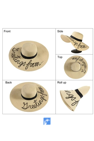 Kardelen Butik Denizli Kadınlar Için Yazılı Hasır Disket Plaj Şapka ( 56-58 Cm ) - Resim 7