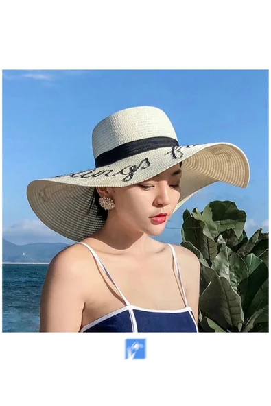Kardelen Butik Denizli Kadınlar Için Yazılı Hasır Disket Plaj Şapka ( 56-58 Cm ) - Resim 4