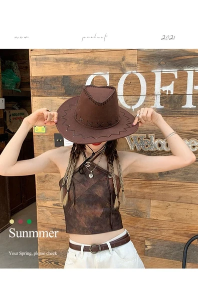 Kardelen Butik Denizli Erkek Ve Kadınlar Için Batı Tarzı Caz Şapka ( Koyu Kahve ) ( 53-57 Cm ) - Resim 5