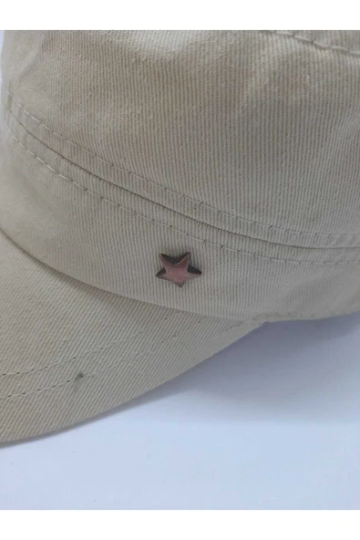 Kardelen Butik Denizli Kaliteli Vintage Askeri Tarz Metal Yıldızlı Şapka ( Unisex ) ( Bej Krem ) ( Arkadan Ayarlanabilir) - 2