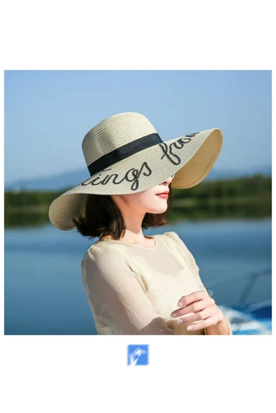 Kardelen Butik Denizli Kadınlar Için Yazılı Hasır Disket Plaj Şapka ( 56-58 Cm ) - Resim 3