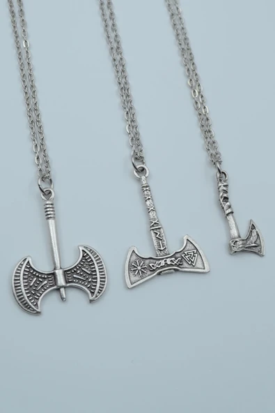 3'lü Viking Balta Viking Çift Taraflı Balta Gümüş Kaplama Kolye Seti ürün görseli 1