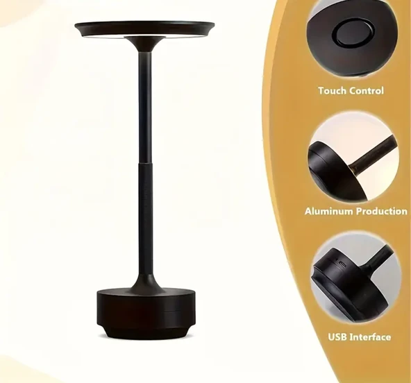 ŞIK MODEL SİYAH İNCE TASARIM GÜÇLÜ IŞIK DÜZ MODEL 3 RENK IŞIK ŞARJLI DOKUNMATİK MASA LAMBASI IŞIK ŞİDDETİ AYARLANABİLİR - Resim 3