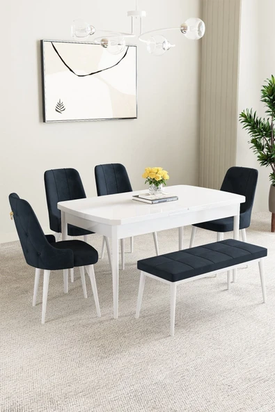 Mabel Beyaz 80x132 Açılabilir Mdf Masa Yemek Odası Takımı, Mutfak Takımı 4 Sandalye 1 Bench Antrasit