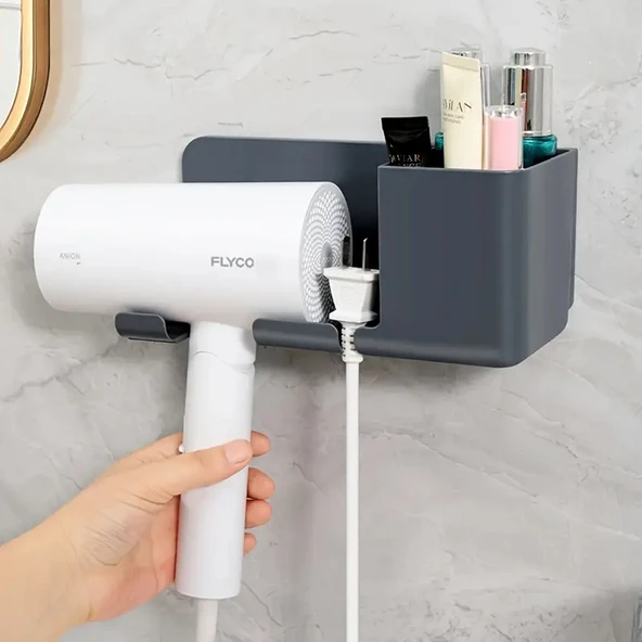 Banyo Rafı, Sabunluk, Diş Fırçası, Saç Kurutma Makinesi Standı, Pratik Depolama Çözümü, - 4