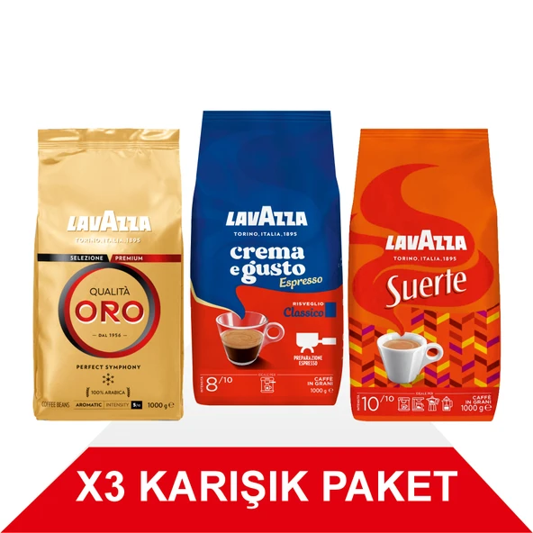 Qualità Oro + Crema e Gusto Classico + Suerte Çekirdek Kahve (1000gr) 3'Lü Paket