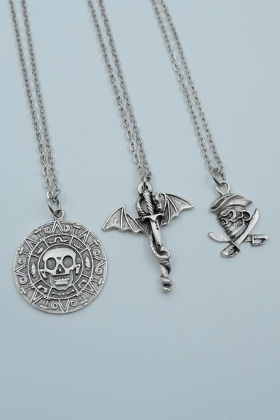 3'lü Karayip Korsan Sikke Ejderha Kılıç Korsan Gümüş Kaplama Kolye Seti ürün görseli 1