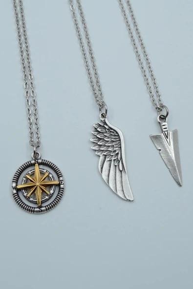 3'lü Pusula Kutup Yıldızlı Triagle Ok Ucu Büyük Kanat Gümüş Kaplama Kolye Seti ürün görseli