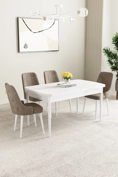 Mabel Beyaz 80x132 Açılabilir Mdf Masa Yemek Odası Takımı, Mutfak Takımı 4 Adet Sandalye Cappucino - 1
