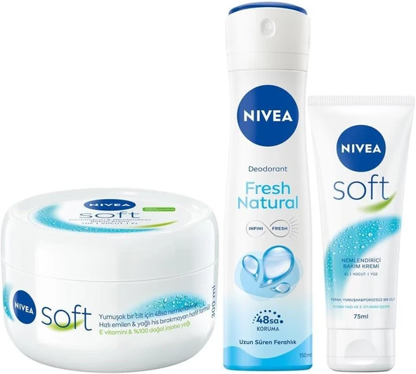 NIVEA Soft Krem 300ml, Nemlendirici Bakım Kremi, Yüz, Vücut, El, Jojoba Yağı ve E Vitamini ile Cilt Bakımı ve NIVEA Kadın Sprey Deodorant Fresh Natural 150ml, ve NIVEA Soft 75 ml, El Kremi