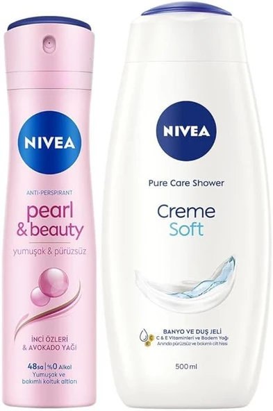 NIVEA Creme Soft Banyo ve Duş Jeli 500ml ve Kadın Sprey Deodorant Pearl&Beauty 150ml, 48 Saat Ter Karşıtı ürün görseli