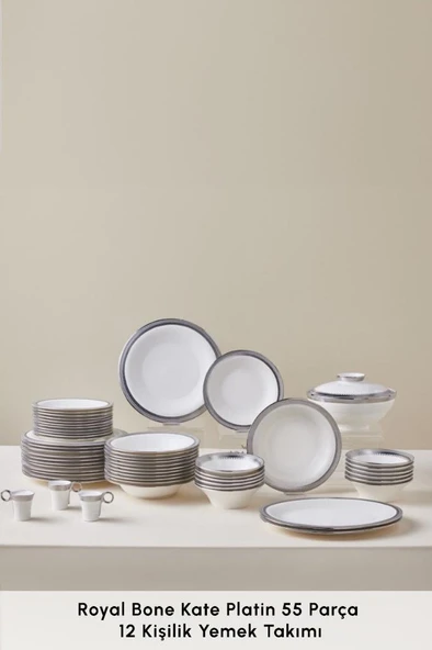 Royal Bone Kate 55 Parça 12 Kişilik Yemek Takımı Platin - 3