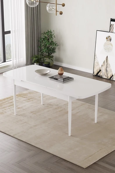 Mabel Beyaz 80x132 Açılabilir Mdf Masa Yemek Odası Takımı, Mutfak Takımı  4 Sandalye 1 Bench Cappucino - 5