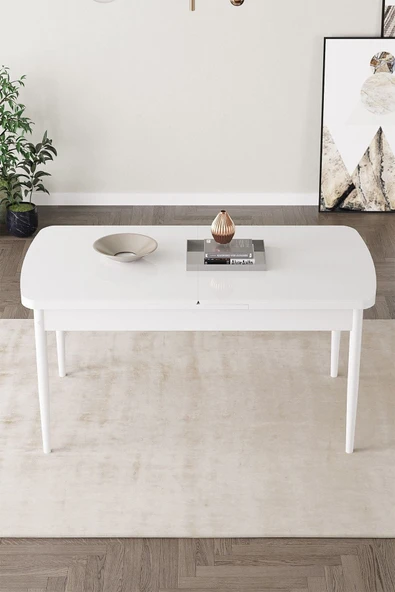 Mabel Beyaz 80x132 Açılabilir Mdf Masa Yemek Odası Takımı, Mutfak Takımı 4 Adet Sandalye Cappucino - 4