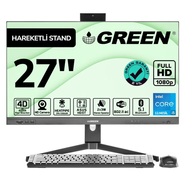 Green GT27 Intel Core i5 12400 İşlemci 16GB DDR4 Ram 512Gb M2 Ssd 27" Fhd Freedos Siyah All In One Bilgisayar - 1