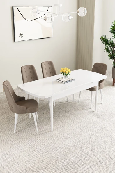 Mabel Beyaz 80x132 Açılabilir Mdf Masa Yemek Odası Takımı, Mutfak Takımı 4 Adet Sandalye Cappucino - 2