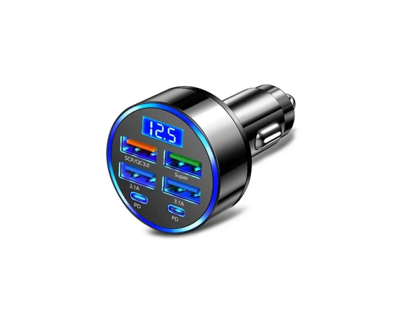 Dijital Ekran Araç Şarj Cihazı 4USB, Çift 3.1A, Süper Şarj, QC9.0 55W, Hızlı Şarj, PD, Cep Telefonu Şarj Cihazı, Araç Şarj Cihazı, - Resim 2