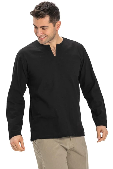Büyük Beden Uzun Kol Şile Bezi Bisiklet Yaka Yazlık Tshirt Siyah 3003 - 6