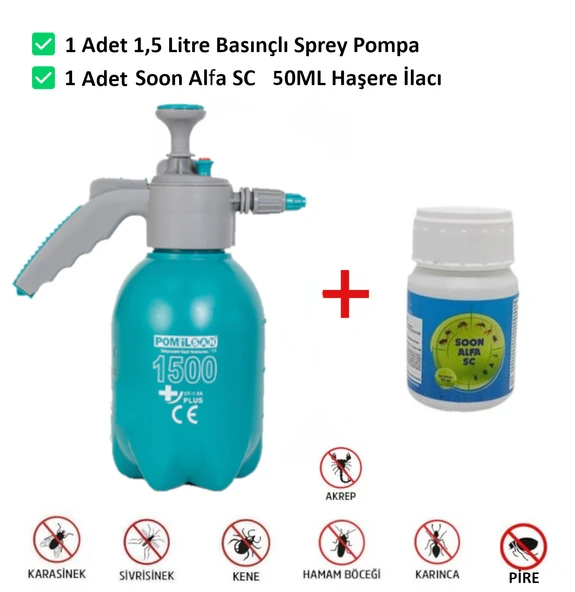 ARTI İLAÇLAMA Soon Alfa sc 50ml Böcek Karınca Örümcek Haşere Kene İlacı Kokusuz ve 1.5lt Basınçlı Pompa
