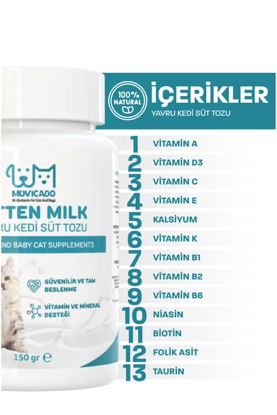 muvicado Yavru Kedi Süt Tozu Kitten Milk Powder Taurin DHA Anne Hamile Yavru Kedi Süt Desteği - 3
