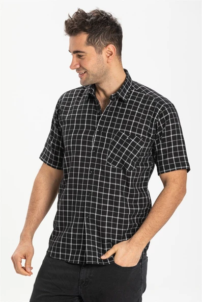 Büyük Beden Kısa Kol Şile Bezi Tek Cepli Erkek Yazlık Gömlek Siyah Kareli 3055 ürün görseli