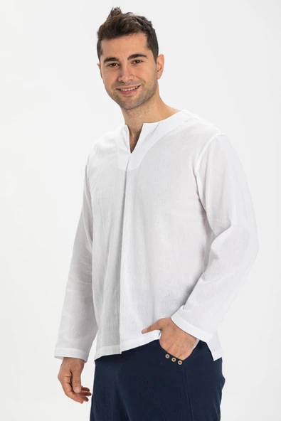 Büyük Beden Uzun Kol Şile Bezi Bisiklet Yaka Yazlık Tshirt Beyaz 3001 - 4
