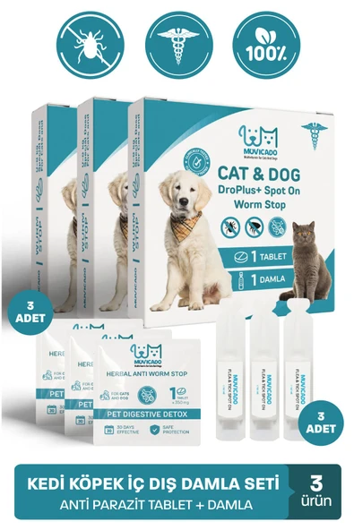 muvicado Kedi Köpek Herbal Worm Stop Bitkisel Tablet 250 mg+ Anti Spot On Bitkisel Damla 1 ml Bit Pire Kene