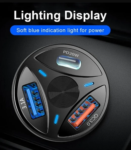 3 Çıkışlı, 2 USB,1 PD Hızlı Çakmaklık Şarj Seti, 55W, Type-c, Siyah - Resim 5