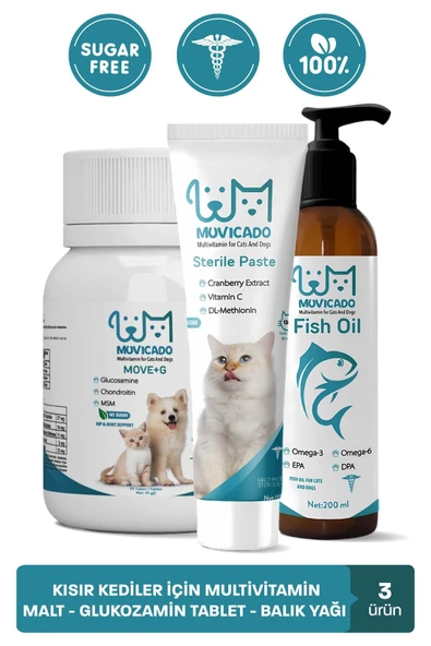 muvicado Kısır Kedi Eklem Sağlığı Destekleyici Takviye Seti Glukozamin Tablet Multivitaminli Malt Balık Yağı