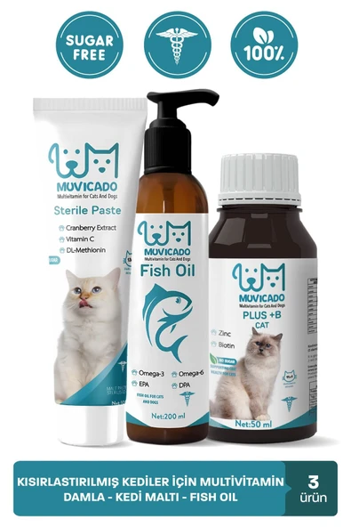 muvicado Kısır Kedi Vitamin Desteği Özel Takviye Seti Biotin-Çinko Damla Multivitaminli Malt Balık Yağı