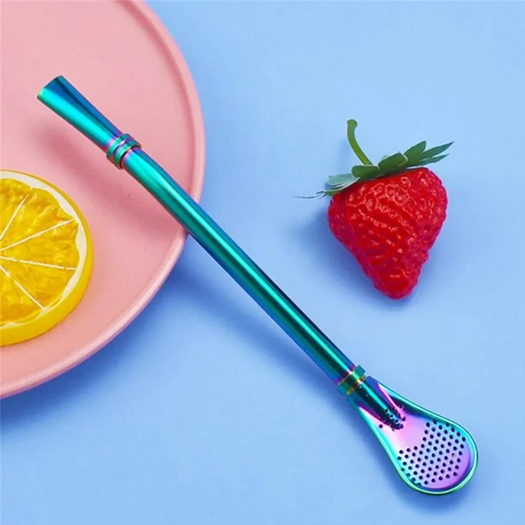 1 adet, pipet çelik süzgeçli kaşığı, tekrar kullanılabilir paslanmaz çelik pipet, 2'si 1 arada metal kaşık pipet, çay filtresi, metal pipet, - Resim 2