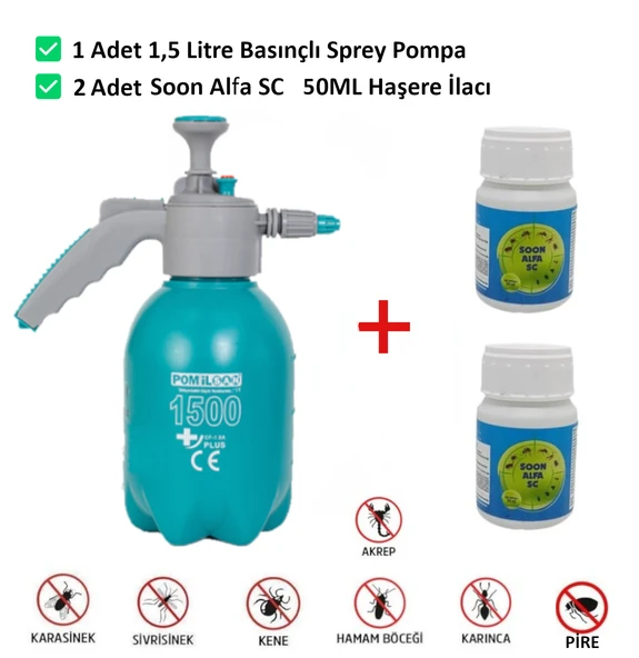 ARTI İLAÇLAMA Soon Alfa sc 50ml Böcek Karınca Örümcek Haşere Kene İlacı Kokusuz ve 1.5lt Basınçlı Pompa - 2
