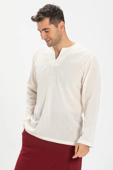 Büyük Beden Uzun Kol Şile Bezi Bisiklet Yaka Yazlık Tshirt Krem 3002 - Resim 3