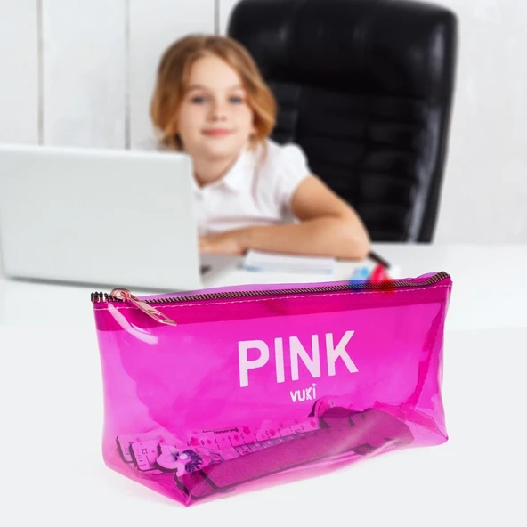 VUKI SEFFAF KALEM CANTASI UCGEN PEMBE VK-0115-06 ürün görseli