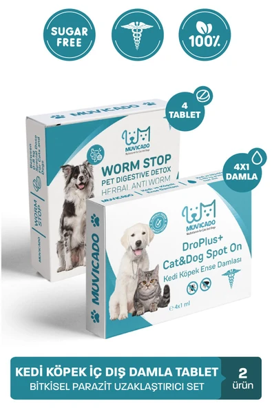 muvicado Kedi Köpek İç Dış Anti Parazit Uzaklaştırıcı Bitkisel Damla Ödül Tablet Seti Bit Pire Giderici