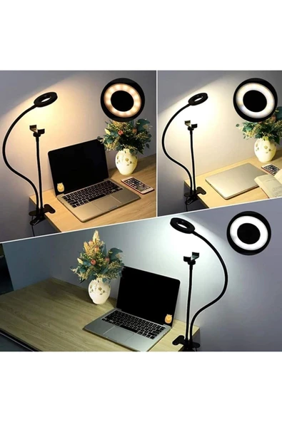 SMAYLİNG Mobil Telefon Tutucu Standı Uzun Kol Esnek Masaüstü Fotoğraf 3 Modları Kısılabilir Led Selfi Işığı