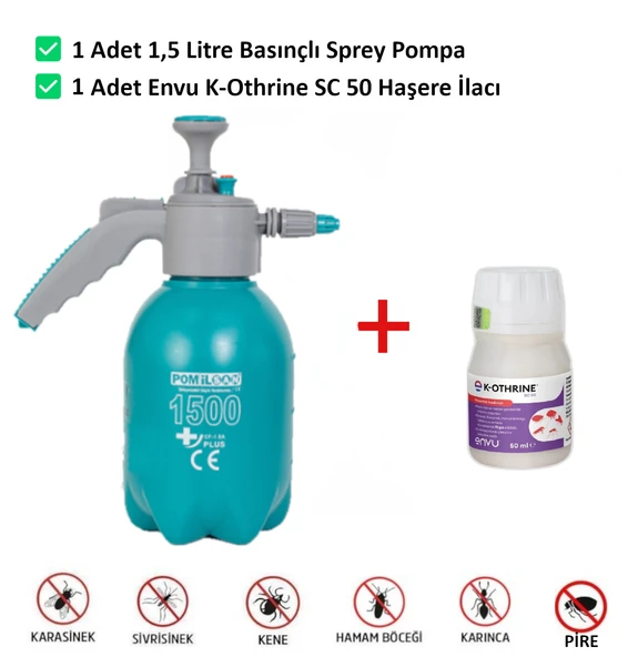 Envu K-othrine Sc50 50ml Haşere İlacı Ve 1,5LT Basınçlı Pompa Hamam Böceği, Kalorifer Böceği, Pire, Kene, Tahtakurusu,