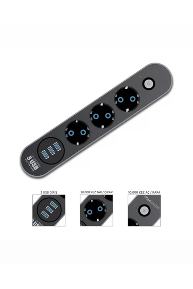 SMAYLİNG Akım Korumalı 3’lü Grup Priz Uzatma Kablosu 3 X Usb 3 X Anahtar 2 Metre Kablo 2500w - 3