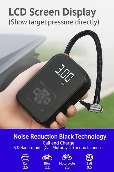 SMAYLİNG Kablosuz Dijital Hava Kompresörü | 4000 mAh Powerbank | 5 Modlu Şişirme Pompası - 3