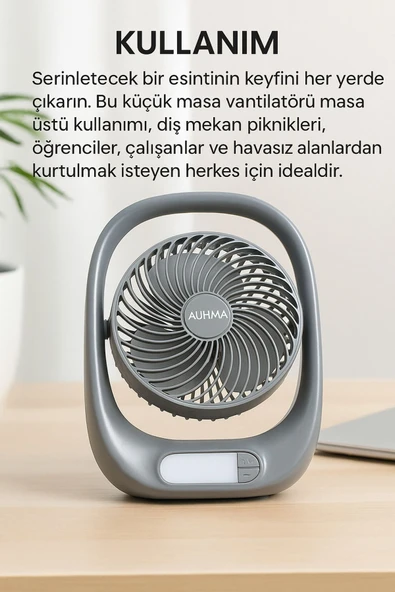 SMAYLİNG Şarjlı Masaüstü Fan – LED Işıklı, 3 Kademeli Hız, 180° Ayarlanabilir Başlık, Sessiz ve Taşınabilir - 3