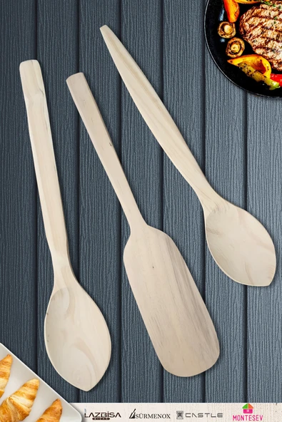 Doğal Şimşir Ağacı Ahşap Tahta Kaşık Spatula Seti Ağaç Kaşık (3lü Set) Şmş-05 - 1