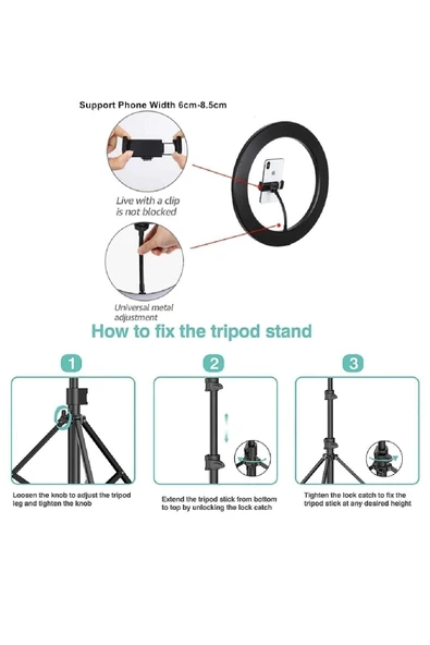SMAYLİNG 10ınç Youtuber Led Işıklı Tripod Selfie Makyaj Işığı Sürekli Ring Light 26cm 2.1 M Ayaklı Tripot - 5