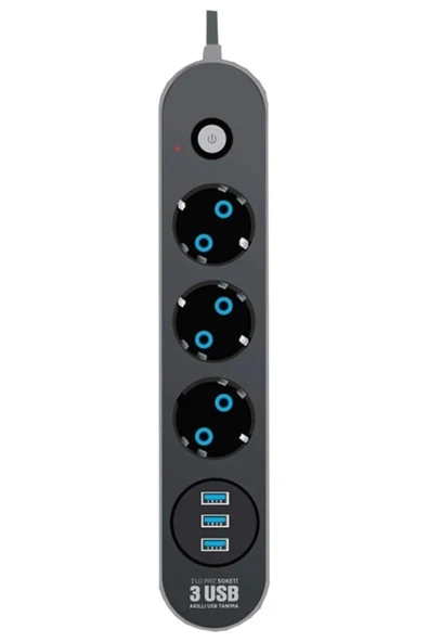 SMAYLİNG Akım Korumalı 3’lü Grup Priz Uzatma Kablosu 3 X Usb 3 X Anahtar 2 Metre Kablo 2500w - 2