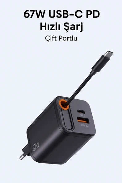 SMAYLİNG 67W GaN Hızlı Şarj Adaptörü – USB-C + USB-A Çıkışlı, Dahili Kablo - 3