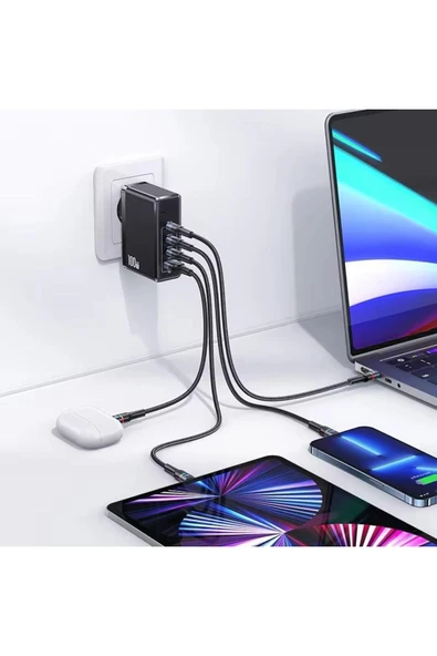 SMAYLİNG 100W GaN Hızlı Şarj Adaptörü | 3x USB-C + 1x USB-A | Laptop MacBook Telefon Uyumlu - 3