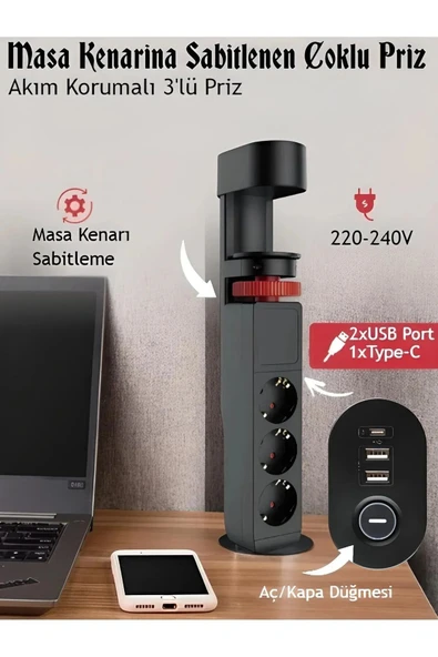 SMAYLİNG Akım Korumalı Priz Masa Kenarı Ayarlanabilir 3 Priz 2 Usb 1 Type C Girişli Priz 1.8 M U. Kablo - 2