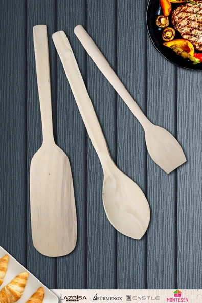 Doğal Şimşir Ağacı Ahşap Tahta Kaşık Spatula Seti Ağaç Kaşık (3lü Set) Şmş-006 - 1