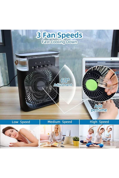 SMAYLİNG Taşınabilir Su Püskürtmeli Masa Üstü Fan 600 ml Hazne 7 Renk LED Işık Zaman Ayarlı Buz Eklenebilir - 3